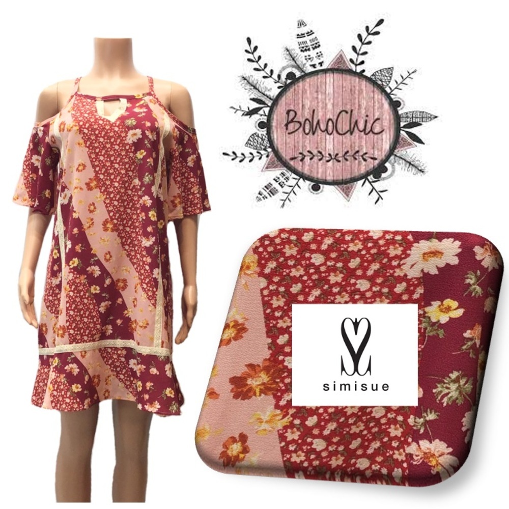 Simisue Red Floral Contrast Print Knee Length Cold Shoulder Dress Size Large